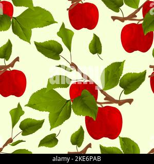 Seamless texture branch apple tree with red apples and leaves  autumn background watercolor vitage vector  illustration editable hand draw Stock Vector