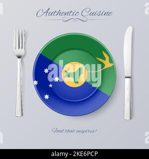 Authentic Cuisine of Christmas Island. Plate with Flag and Cutlery Stock Vector