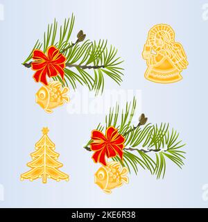 Set of Christmas and New Year decoration Christmas ornaments with ribbon and  fish and angel fir tree branches vintage vector illustration editable ha Stock Vector