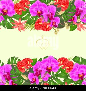 Floral border seamless horizontal background bouquet with tropical flowers floral arrangement,  purple orchid, palm,philodendron and ficus and anthuri Stock Vector