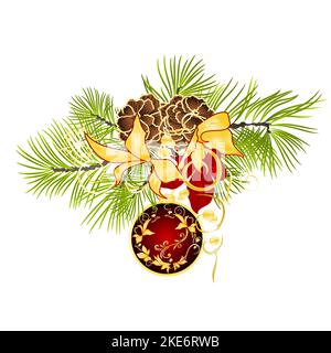Christmas and New Year decoration red Christmas ornaments with golden festive poinsettia leaves three and fir tree branch with pine cones pine cones v Stock Vector
