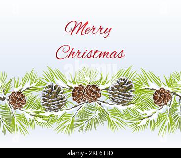 Christmas and New Year decorative seamless bordern snowy branches with pine cones vintage vector illustration editable hand draw Stock Vector