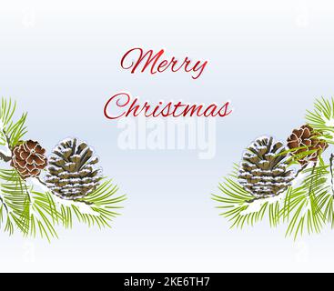Christmas and New Year decorative seamless bordern snowy branches with pine cones with the inscription vintage vector illustration editable hand draw Stock Vector