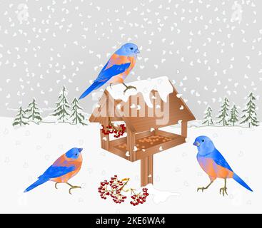 Winter landscape forest with snow and bluebirds with feeder christmas theme natural background vintage vector illustration editable hand draw place fo Stock Vector