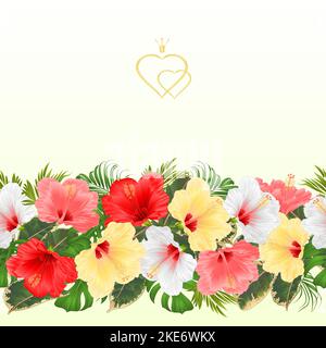 Border seamless background various hibiscus white yellow red pink flovers vector Illustration for use in interior design, artwork, dishes, clothing, Stock Vector