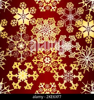 Seamless texture Christmas and New Year decoration Snowflakes various pattern of gold snowflakes red background vintage vector illustration editable h Stock Vector