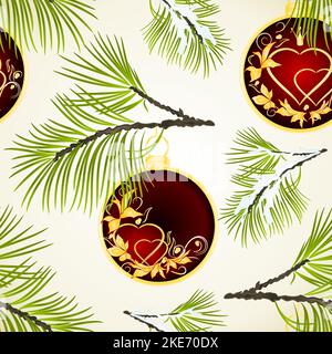 Seamless texture Christmas and New Year decoration red Christmas ornaments with golden hearts and crown and fir tree branch vintage vector illustratio Stock Vector