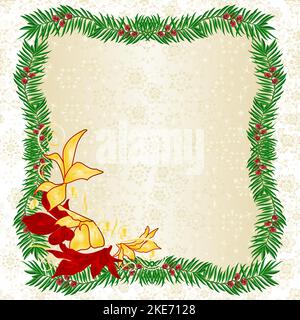 Christmas and New Year decorative frame made of yew  festive red and golden poinsettia golden snowflakes vintage vector illustration  editable hand dr Stock Vector