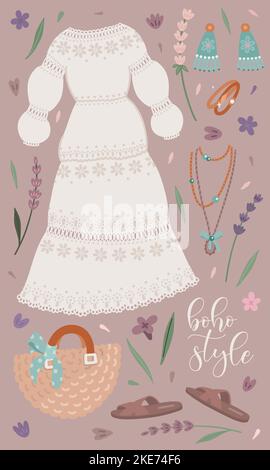 Boho outfit collection with dress Stock Vector