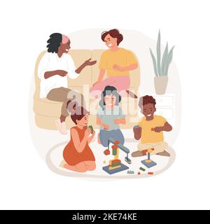 Playdate at home isolated cartoon vector illustration. Playdate with peers, children play, parents having conversation, families home meeting, socialization for homeschoolers vector cartoon. Stock Vector