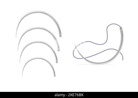 Surgical needles set and attached suture material. Cartoon style. Vector illustration isolated on white background. Stock Vector