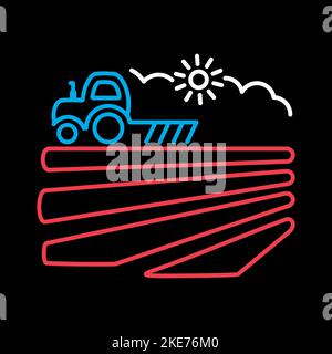 The tractor plows the field before sowing on black background icon. Spring or autumn field work. Agriculture sign. Graph symbol for your web site desi Stock Vector