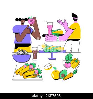 Vegetarian buffet isolated cartoon vector illustrations. Group of happy people dining at vegetarian buffet, food diversity on the table, eating out in restaurant together vector cartoon. Stock Vector