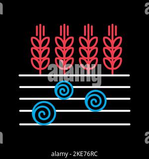 Ears of Wheat, Barley or Rye on field and round hay bales isolated on black background icon. Agriculture sign. Graph symbol for your web site design, Stock Vector