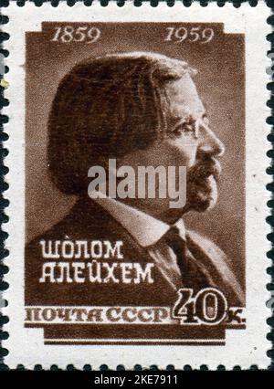 A 1959 Soviet Union postage stamp commemorating the centennial of Sholem Aleichem's birth, Solomon Naumovich Rabinovich, known under his pen name Sholem Aleichem (1859 – 1916), was a Yiddish author and playwright Stock Photo