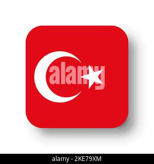 Turkey flag - flat vector square with rounded corners and dropped shadow. Stock Vector