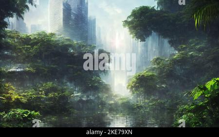 overgrown post-apocalyptic city, flooded cityscape Stock Photo