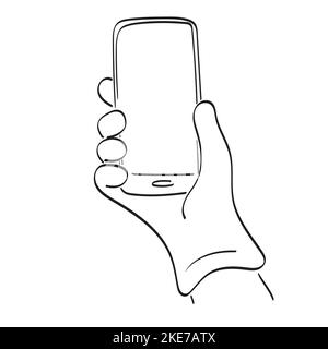 line art hand in glove holding touchscreen smartphone with blank space illustration vector hand drawn isolated on white background Stock Vector
