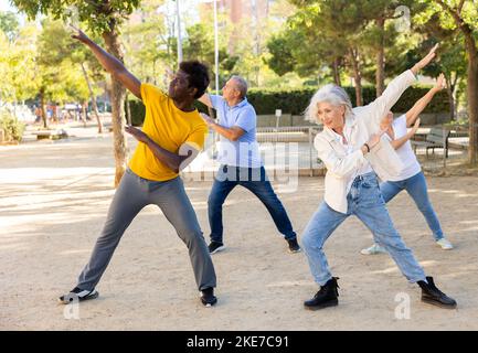 Carefree diverse people dancing rhythmic dance aerobic workout in park during spring day Stock Photo
