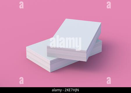 Lot of white blank business cards on pink background. 3d render Stock Photo