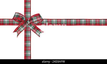 Red, green and white plaid Christmas gift bow and ribbon. Wrapped box layout isolated on a white background. Stock Photo
