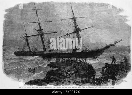 Loss of the British Mail iron steamer Anglo-Saxon, Captain Burgess, on the rocks off Cape Race, April 27th, 1863 - Passengers and crew landing. 19th century American Civil War illustration from Frank Leslie's Illustrated Newspaper Stock Photo