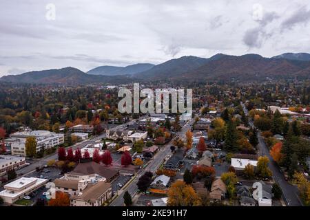 Downtown Grants Pass, Oregon in autumn.  Stock Photo