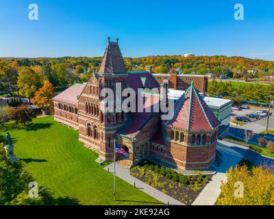 Winn Memorial Library is public library of Woburn, built in 1879 with Romanesque Revival style at 45 Pleasant Street in historic downtown Woburn, Mass Stock Photo