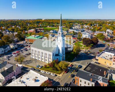 Woburn Common and City Hall aerial view in downtown Woburn, Massachusetts MA, USA. Stock Photo