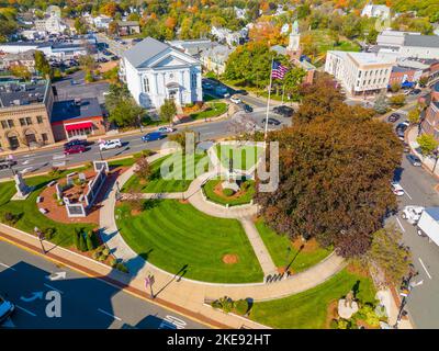 Woburn Common and City Hall aerial view in downtown Woburn, Massachusetts MA, USA. Stock Photo