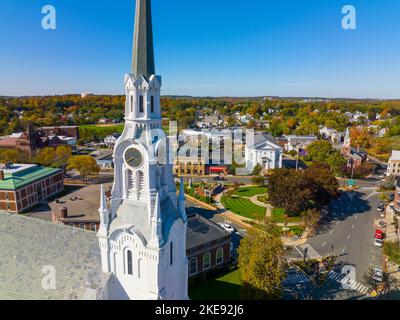 Woburn Common and City Hall aerial view in downtown Woburn, Massachusetts MA, USA. Stock Photo