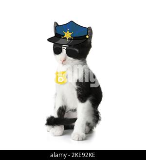 Cute kitten dressed as police officer on white background Stock Photo ...