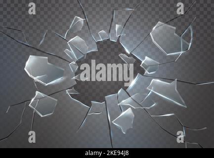 realistic vector icon. Broken glass, cracked hole with broken pieces with flying around cracks. Isolated on transparent background. Stock Vector