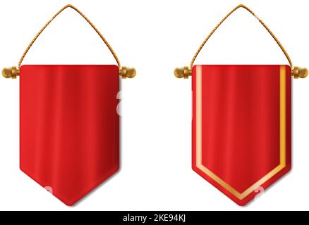 3d realistic vector icon set. Red hanging pennant with and without gold, hanging banner flag. Stock Vector
