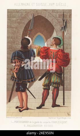 German partisaner, imperial guard of HRE Charles V, and Swiss halberdier. 16th century. Pertuisanier de la garde du corps de Charles Quint, Hallebardier Suisse. Allemagne et Suisse, XVIe siecle. Chromolithograph drawn and lithographed by Ferdinand Sere from Charles Louandre’s Les Arts Somptuaires, The Sumptuary Arts, Hangard-Mauge, Paris, 1858. Stock Photo