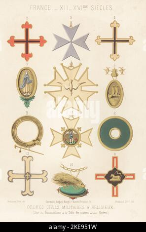 Crosses and badges of various Orders of Chivalry. Holy Spirit 1, Saint Michael 11, Porcupine 10,  etc. Civil Orders, Military and Religious, 12th to 16th century. Chromolithograph drawn and lithographed by Ferdinand Sere from Charles Louandre’s Les Arts Somptuaires, The Sumptuary Arts, Hangard-Mauge, Paris, 1858. Stock Photo