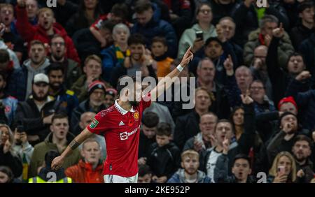 Manchester, UK. 11th Nov, 2022. Manchester United's Bruno Fernandes celebrates after scoring during the Football League Cup 3rd Round match between Manchester United and Aston Villa in Manchester, Britain, on Nov. 10, 2022. Credit: Xinhua/Alamy Live News Stock Photo