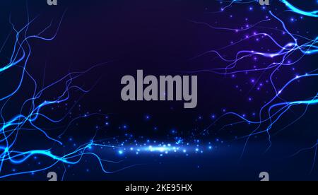 banner illustration lightning of thunder in abstract blue background with neon sparkles and light. Stock Vector