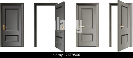 realistic vector icon set. Door set entrance collection with closed and open doors. Stock Vector