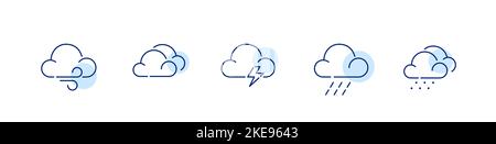 Set of bad weather icons. Cloudy, thunderstorm and rain. Pixel perfect, editable stroke line designs Stock Vector