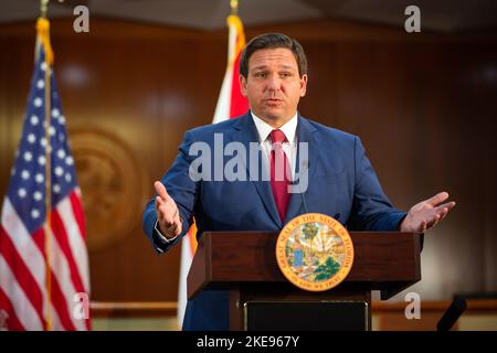 Florida Governor Ron DeSantis speaking at a Florida State Capitol press conference on Florida election integrity on November 4, 2020. (USA) Stock Photo