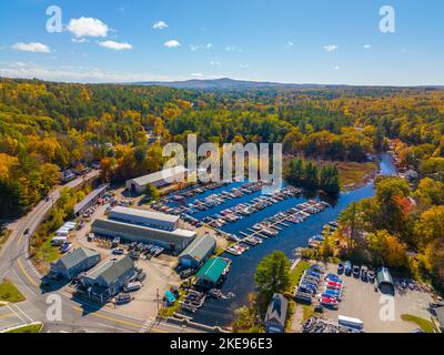 Parker Marine aerial view in fall at Alton Bay at Lake Winnipesaukee in village of Alton Bay, town of Alton, New Hampshire NH, USA. Stock Photo