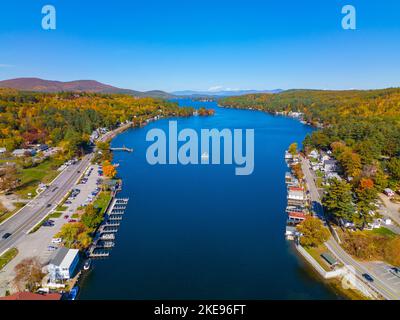 Alton Bay at Lake Winnipesaukee aerial view and village of Alton Bay in fall in town of Alton, New Hampshire NH, USA. Stock Photo