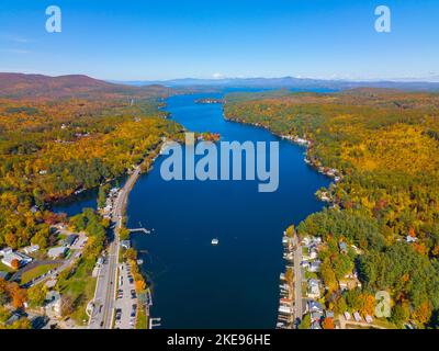 Alton Bay at Lake Winnipesaukee aerial view and village of Alton Bay in fall in town of Alton, New Hampshire NH, USA. Stock Photo