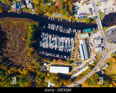 Parker Marine aerial view in fall at Alton Bay at Lake Winnipesaukee in village of Alton Bay, town of Alton, New Hampshire NH, USA. Stock Photo