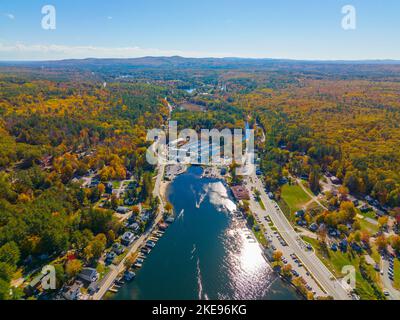 Alton Bay at Lake Winnipesaukee aerial view and village of Alton Bay in fall in town of Alton, New Hampshire NH, USA. Stock Photo