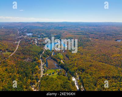 Merrymeeting River aerial view in fall at Alton Bay at Lake Winnipesaukee in village of Alton Bay, town of Alton, New Hampshire NH, USA. Stock Photo