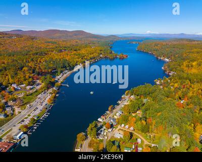 Alton Bay at Lake Winnipesaukee aerial view and village of Alton Bay in fall in town of Alton, New Hampshire NH, USA. Stock Photo