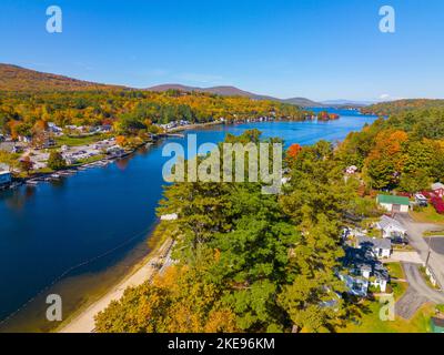 Alton Bay at Lake Winnipesaukee aerial view and village of Alton Bay in fall in town of Alton, New Hampshire NH, USA. Stock Photo