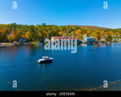 Alton Bay at Lake Winnipesaukee aerial view on Harmony Park and village of Alton Bay in fall in town of Alton, New Hampshire NH, USA. Stock Photo